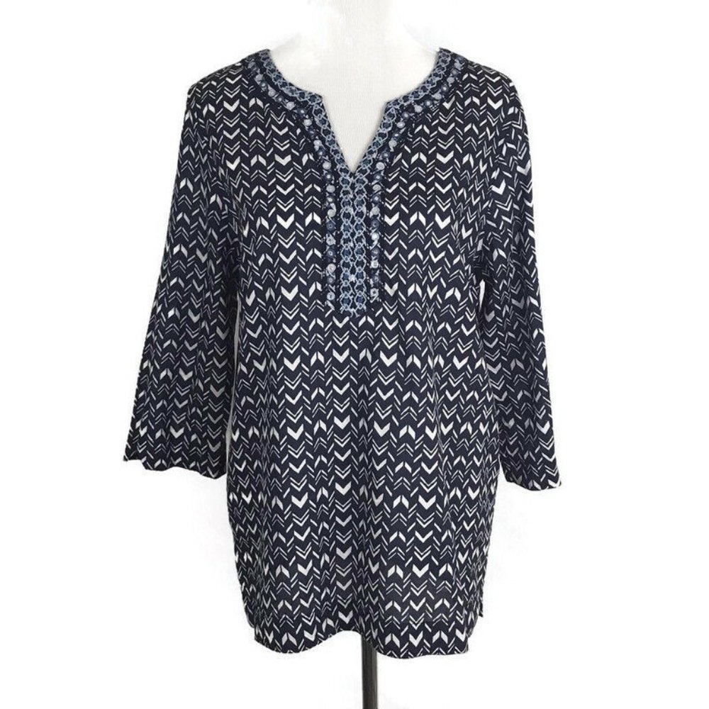 Beach Lunch Lounge Womens Shirt Size XS 3/4 Sleeve V Neck Tunic Blue Chevron Top